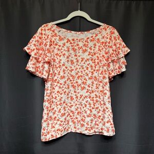 Floral Flutter Sleeve Blouse Cream Coral Peach | Lightweight Summer Top